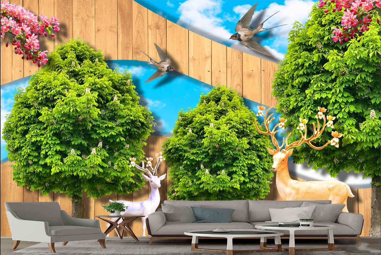 Tranh dán tường 3d phòng khách pk16, khung cảnh thiên nhiên với những chú nai và chú chim đang vui đùa đầy tươi xanh